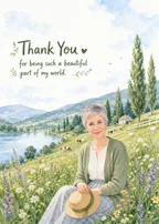 Wildflower Meadow Thank You cover with a woman beside a lake, reading “Thank You” and “for being such a beautiful part of my world.”