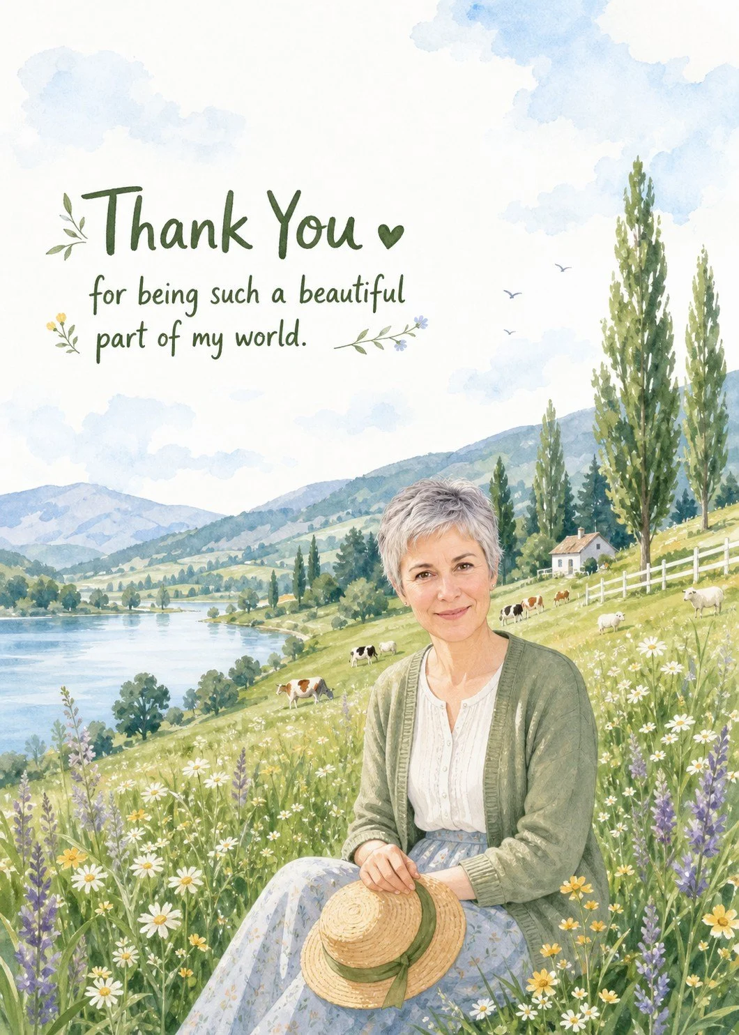 Wildflower Meadow Thank You card showing a short gray-haired woman seated among wildflowers beside a lake, holding a straw hat. The cover reads “Thank You” and “for being such a beautiful part of my world.”