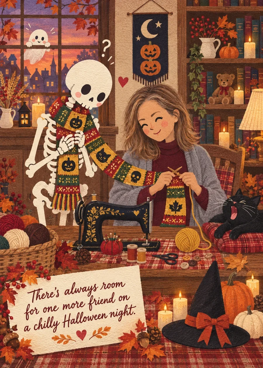 The Skeleton’s Halloween Scarf card: a woman with shoulder-length light brown hair and a gray cardigan knits a patterned scarf for a friendly skeleton beside a yawning black cat, with the message “There’s always room for one more friend on a chilly Halloween night.”