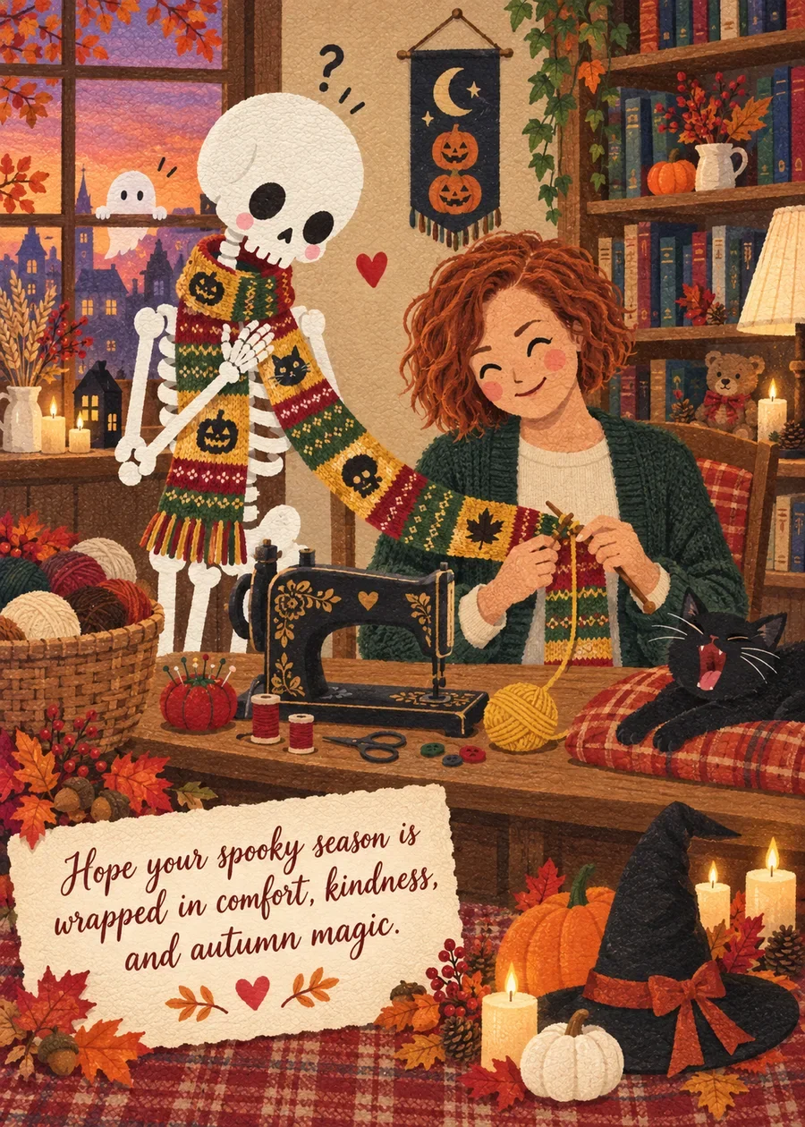 The Skeleton’s Halloween Scarf card: a smiling woman with curly red hair and a green cardigan knits a patterned scarf for a friendly skeleton beside a yawning black cat, with the message “Hope your spooky season is wrapped in comfort, kindness, and autumn magic.”