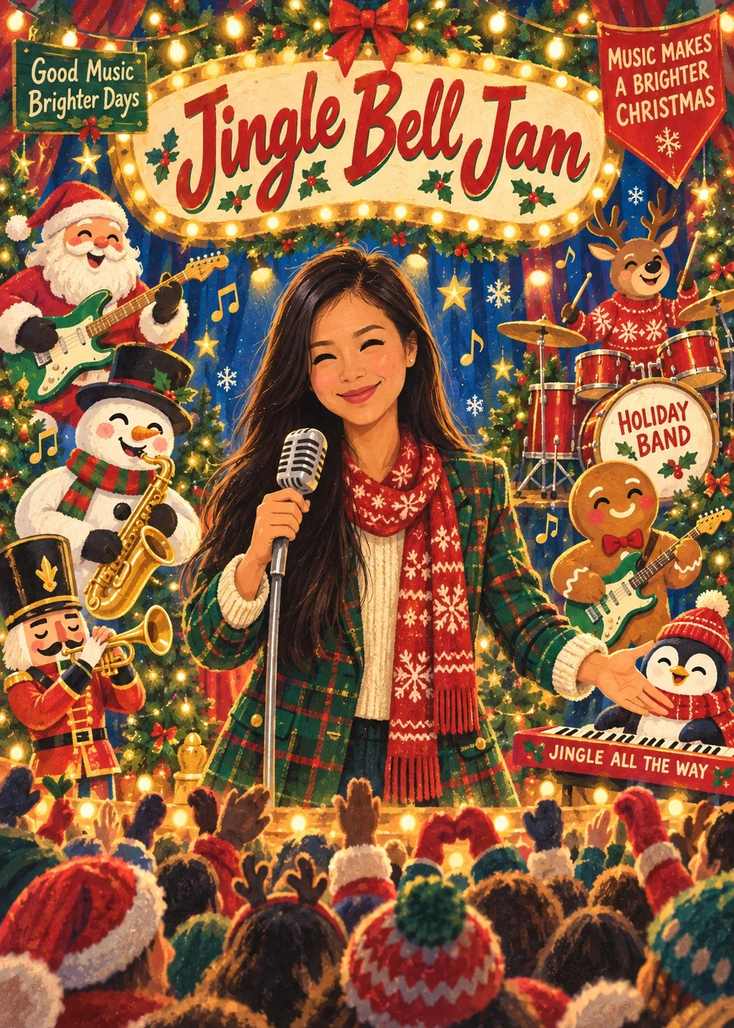 Jingle Bell Jam Christmas cover showing a dark-haired woman singing with a festive character band onstage above a cheering crowd.