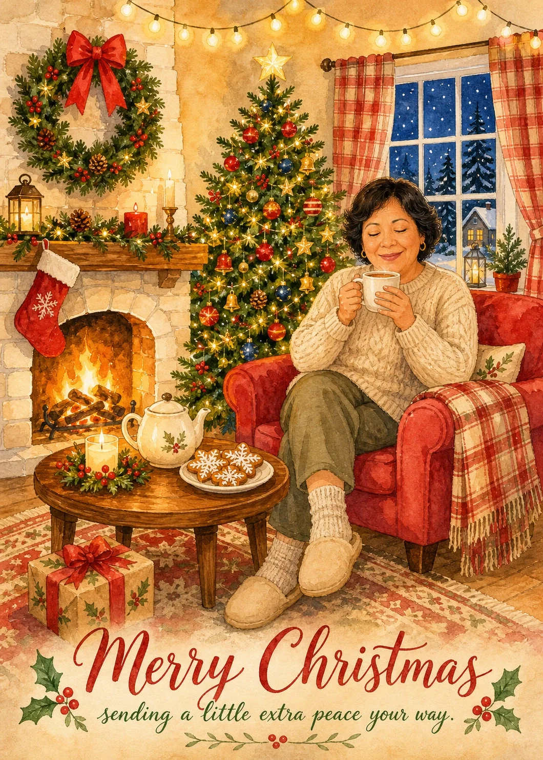 An illustrated woman holding a cup of tea beside a fireplace and Christmas tree, with the cover words “Merry Christmas” and “sending a little extra peace your way.”
