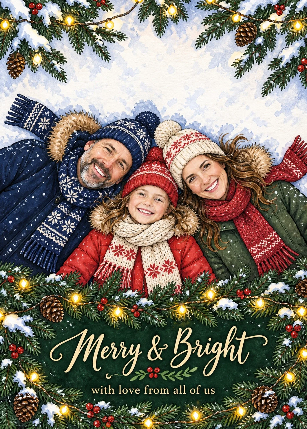 An illustrated family of three lying together in snow beneath evergreen branches, with the cover words “Merry & Bright” and “with love from all of us.”