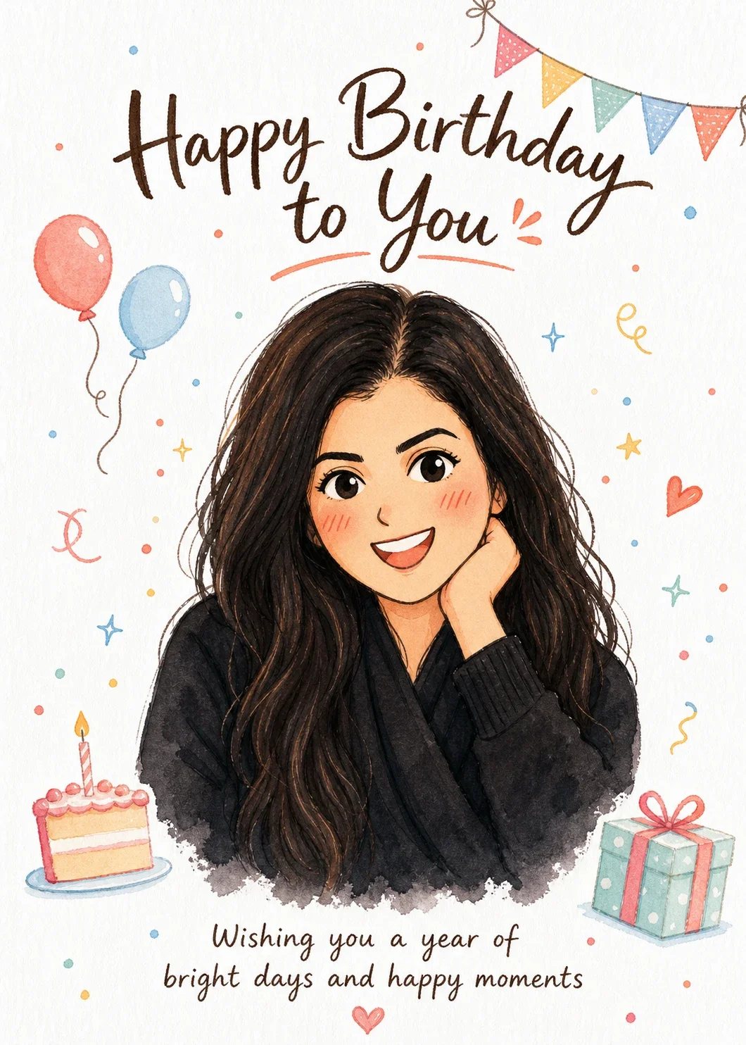 Birthday Balloons & Confetti card showing an illustrated woman with long dark hair in a black sweater, resting her chin on her hand, with balloons, a slice of cake, and a gift. The cover reads “Happy Birthday to You” and “Wishing you a year of bright days and happy moments.”