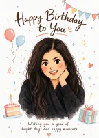 Birthday Balloons & Confetti cover with a dark-haired woman, reading “Happy Birthday to You” and “Wishing you a year of bright days and happy moments.”