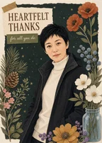 Botanical thank-you card with an illustrated person surrounded by flowers and torn-paper details, reading “HEARTFELT THANKS” and “for all you do.”