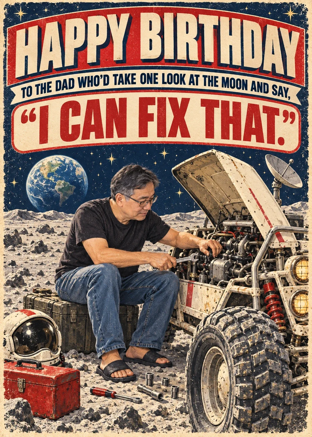 Dad’s Birthday on the Moon card styled as a retro poster: a man in a T-shirt and jeans repairs a lunar rover on the Moon with Earth in the sky, under the heading “HAPPY BIRTHDAY to the dad who’d take one look at the Moon and say, “I CAN FIX THAT.””