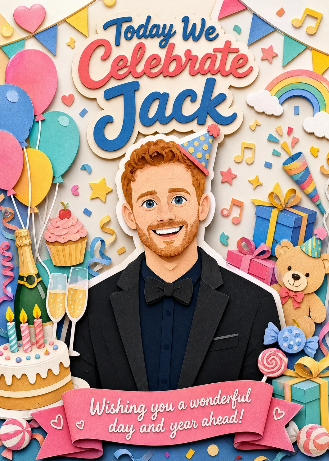 Paper Party Birthday card in layered paper-craft style: a smiling red-haired man in a party hat and bow tie surrounded by balloons, cake, gifts and a teddy bear, under the title “Today We Celebrate Jack” and a ribbon reading “Wishing you a wonderful day and year ahead!”