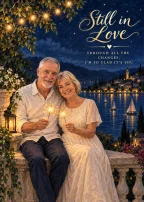 An illustrated older couple holding sparklers beside a lake under a starry sky, with the words “Still in Love.”