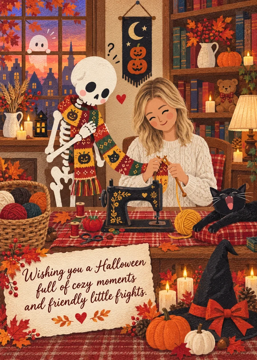 The Skeleton’s Halloween Scarf card: a blonde woman knits a long patterned scarf for a friendly skeleton who already wears it, in a cozy autumn room with a yawning black cat and a small ghost at the window, with the message “Wishing you a Halloween full of cozy moments and friendly little frights.”