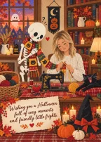 A woman knitting a long patterned scarf for a friendly skeleton in a cozy autumn room.
