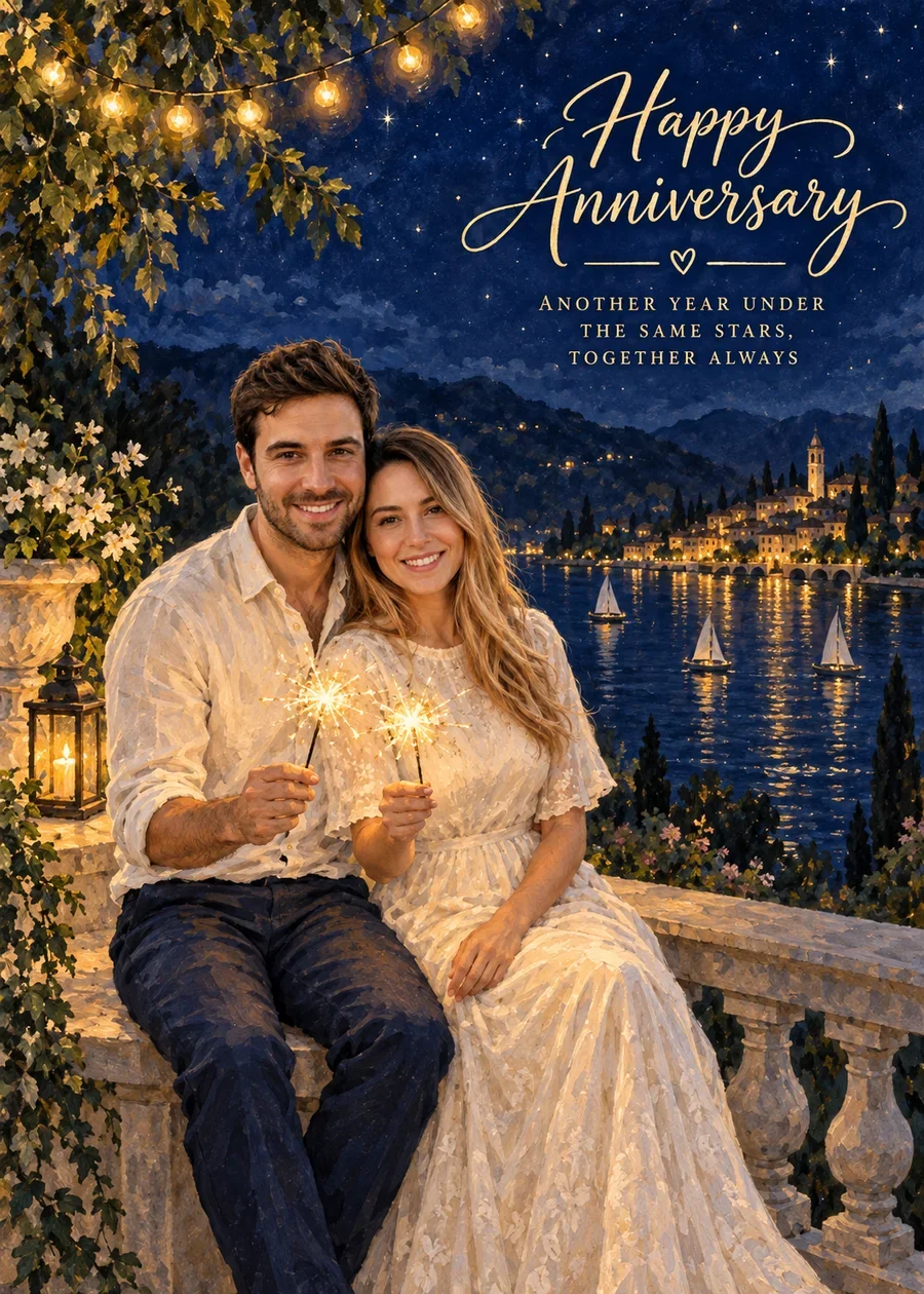 Starry Night Anniversary card in gouache: a man and a woman holding sparklers on a lakeside terrace under a starry sky, beneath the words “Happy Anniversary” and “Another year under the same stars, together always.”