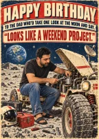 Dad’s Birthday on the Moon cover with a man repairing a lunar rover, reading “LOOKS LIKE A WEEKEND PROJECT.”