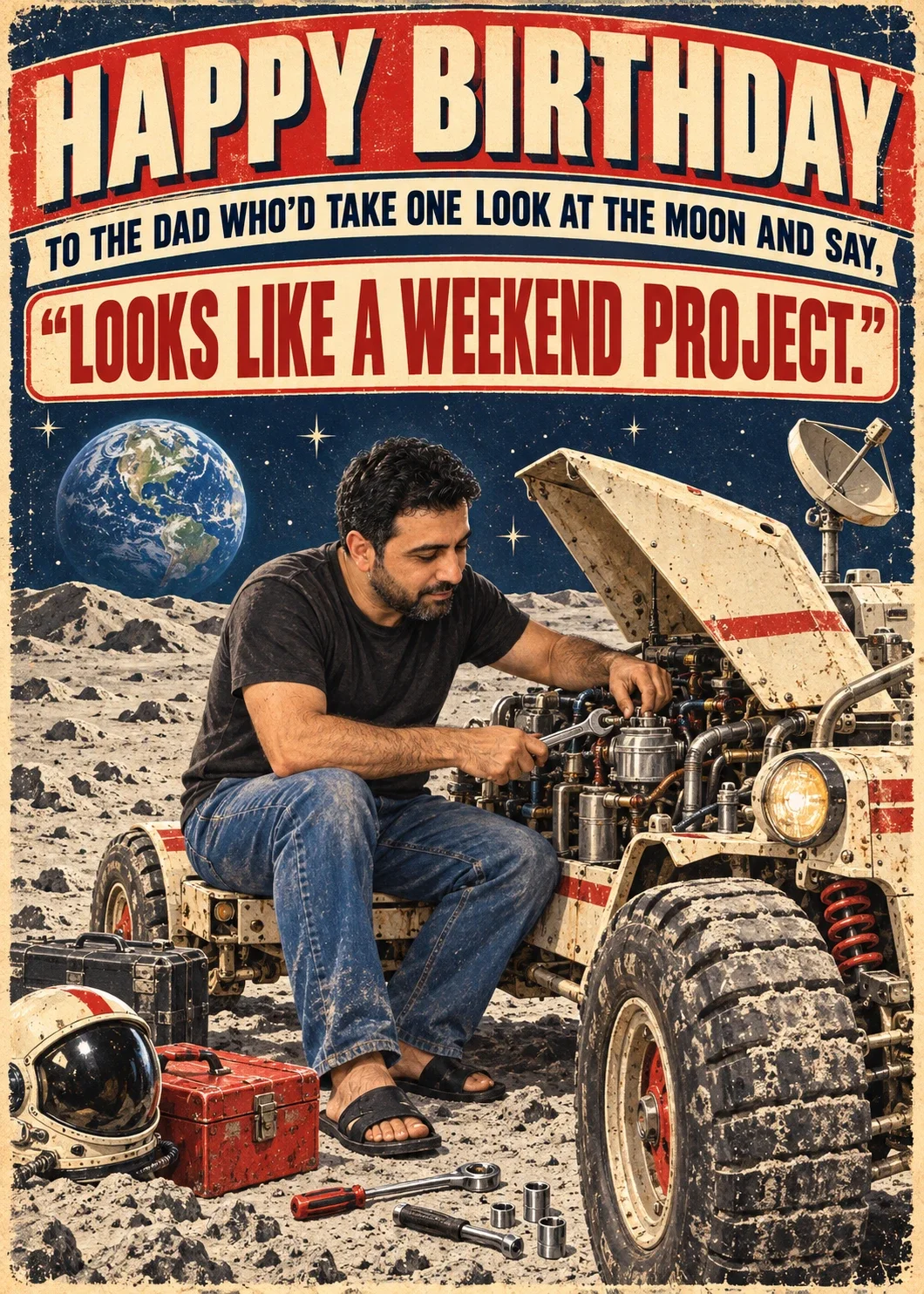 Dad’s Birthday on the Moon card showing an illustrated man with dark curly hair and a beard repairing an open lunar rover engine in a black T-shirt, jeans, and sandals, with Earth in the sky. The cover reads “HAPPY BIRTHDAY,” “TO THE DAD WHO’D TAKE ONE LOOK AT THE MOON AND SAY,” and “LOOKS LIKE A WEEKEND PROJECT.”