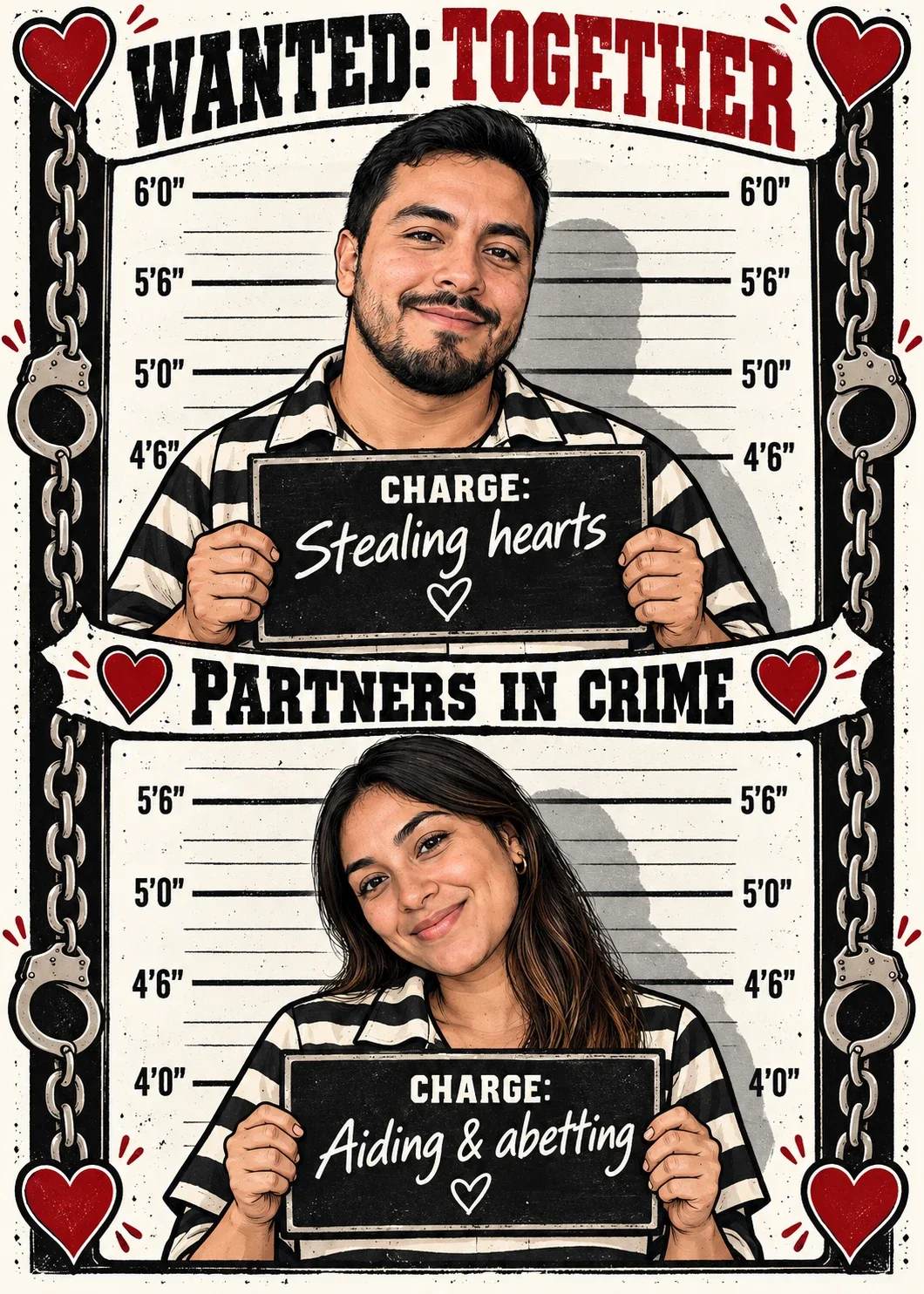 Partners in Crime card styled as a mugshot poster under the heading “WANTED: TOGETHER,” with a bearded man holding a sign that reads “CHARGE: Stealing hearts” and a woman with long dark hair holding one that reads “CHARGE: Aiding & abetting.”