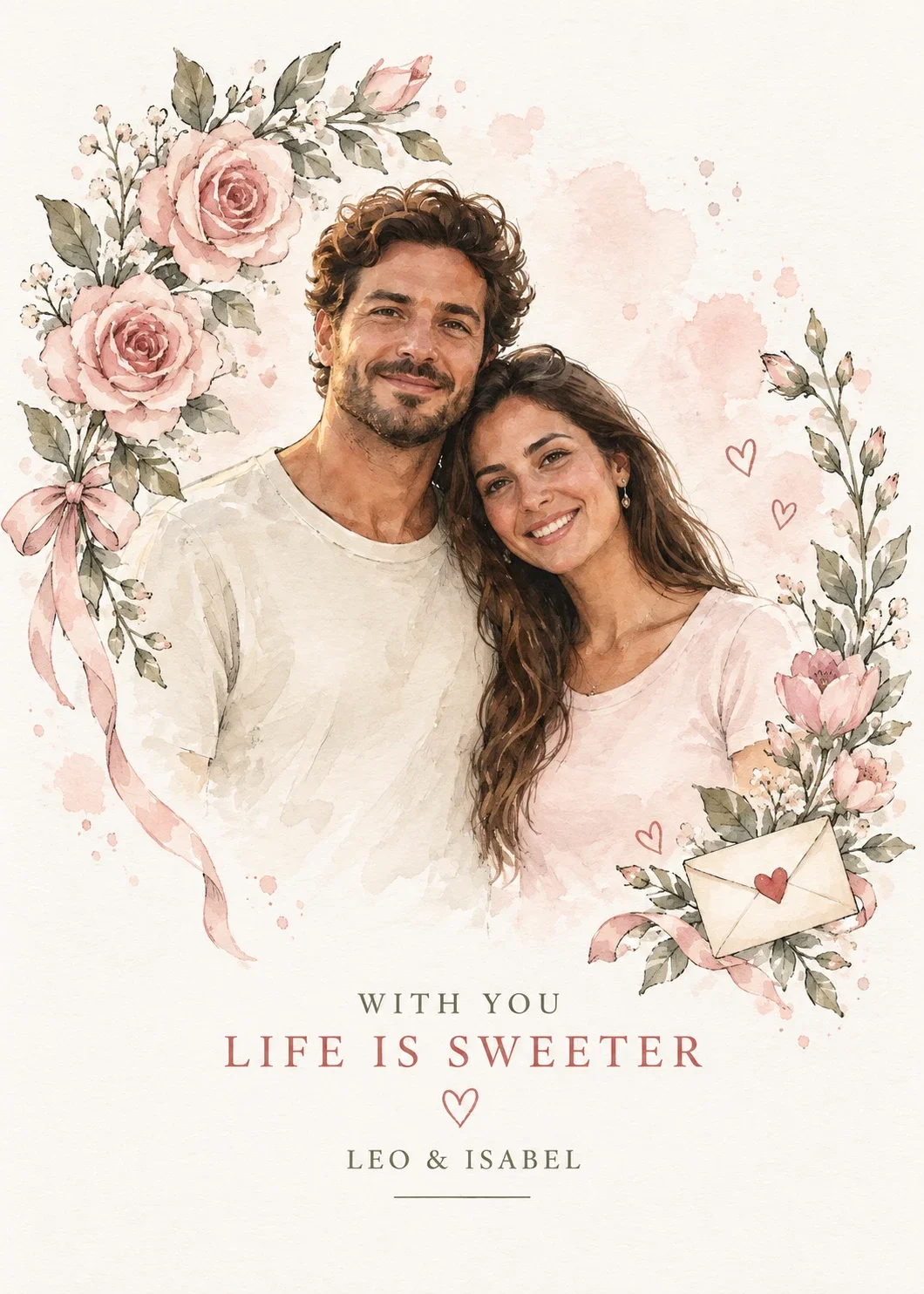 Roses & Ribbons Valentine card showing an illustrated man with curly brown hair and a woman with long wavy brown hair leaning together among watercolor roses and ribbons. The cover reads “WITH YOU LIFE IS SWEETER” and “LEO & ISABEL.”