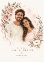 Roses & Ribbons Valentine cover with a couple among watercolor roses, reading “WITH YOU LIFE IS SWEETER” and “LEO & ISABEL.”