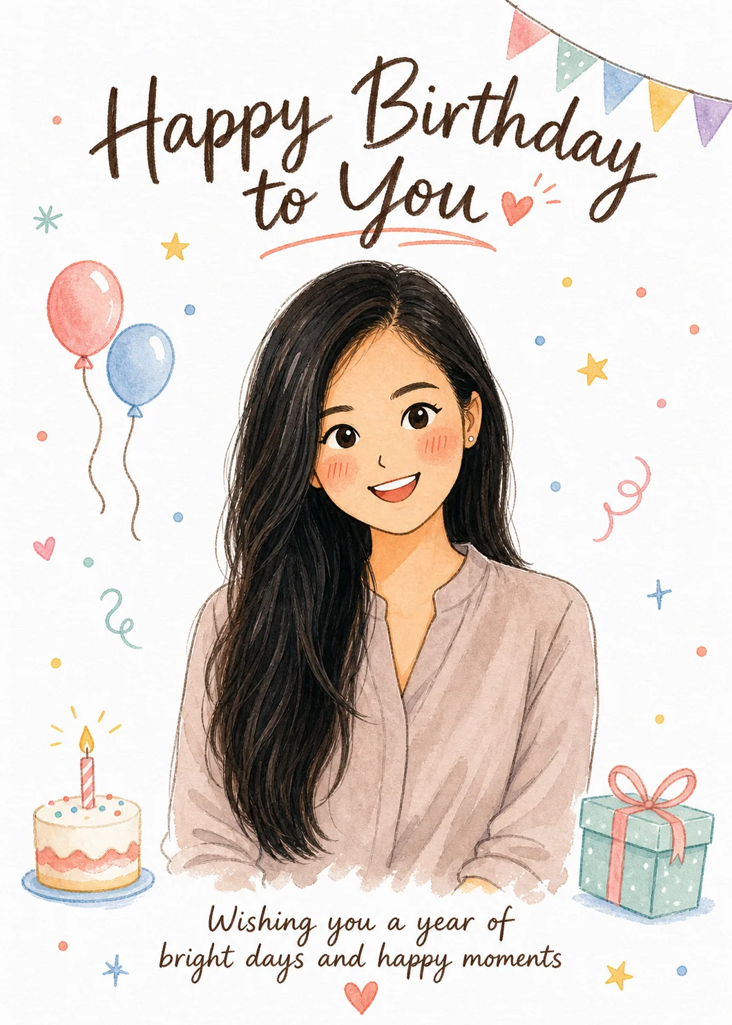 Watercolor Birthday Balloons & Confetti card showing a dark-haired woman with balloons, cake, and a gift. Text reads “Wishing you a year of bright days and happy moments.”