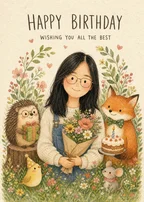 Forest Friends Birthday card with a woman among flowers and friendly woodland animals.