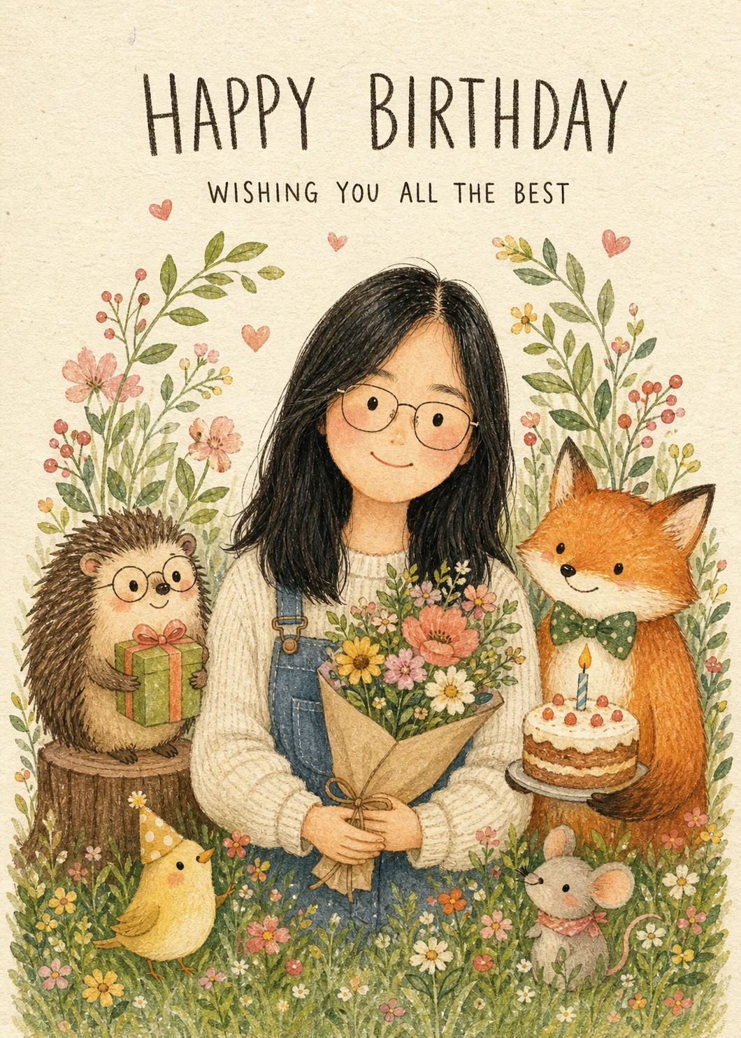Forest Friends Birthday card showing a dark-haired woman with glasses among flowers and woodland animals. Text reads “Wishing you all the best.”