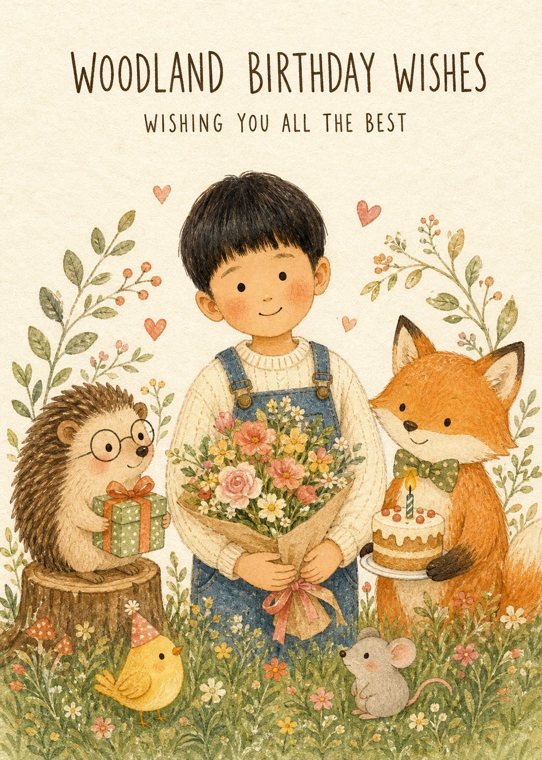 Forest Friends Birthday card showing a dark-haired boy holding flowers with a fox, hedgehog, bird, and mouse. Text reads “Wishing you all the best.”