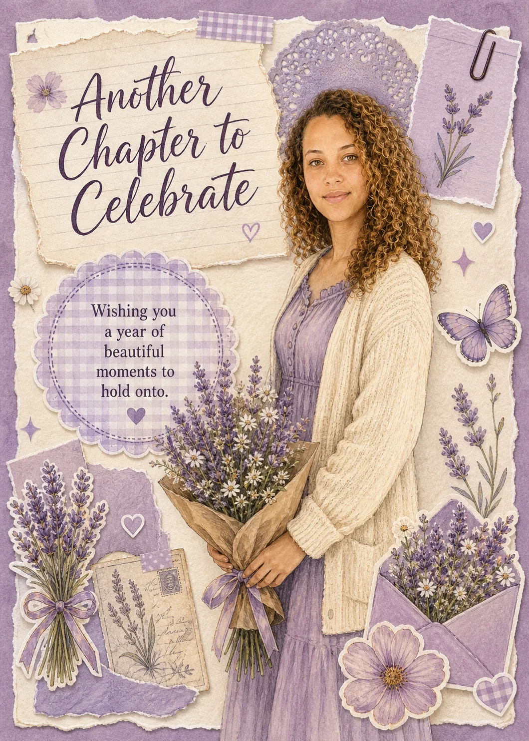 Lavender Birthday Journal card showing a curly-haired woman holding flowers in a purple scrapbook collage. Text reads “Wishing you a year of beautiful moments to hold onto.”