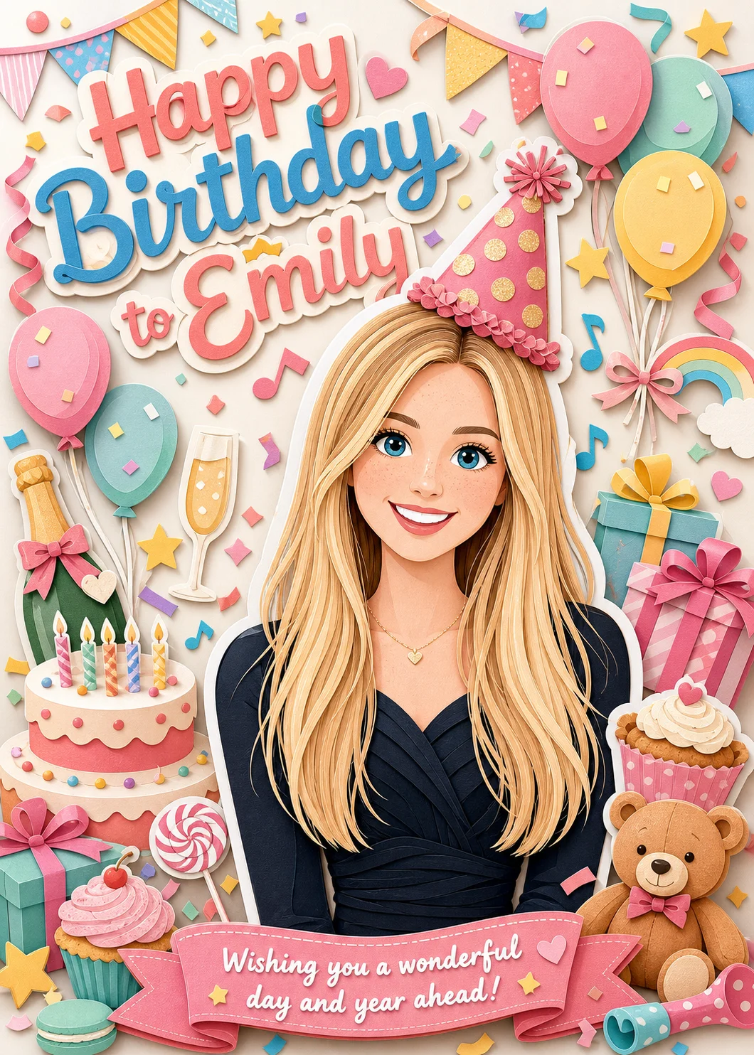 Paper Party Birthday card for Emily showing a blonde woman in a layered paper scene with cake, balloons, gifts, and confetti. Text reads “Wishing you a wonderful day and year ahead!”