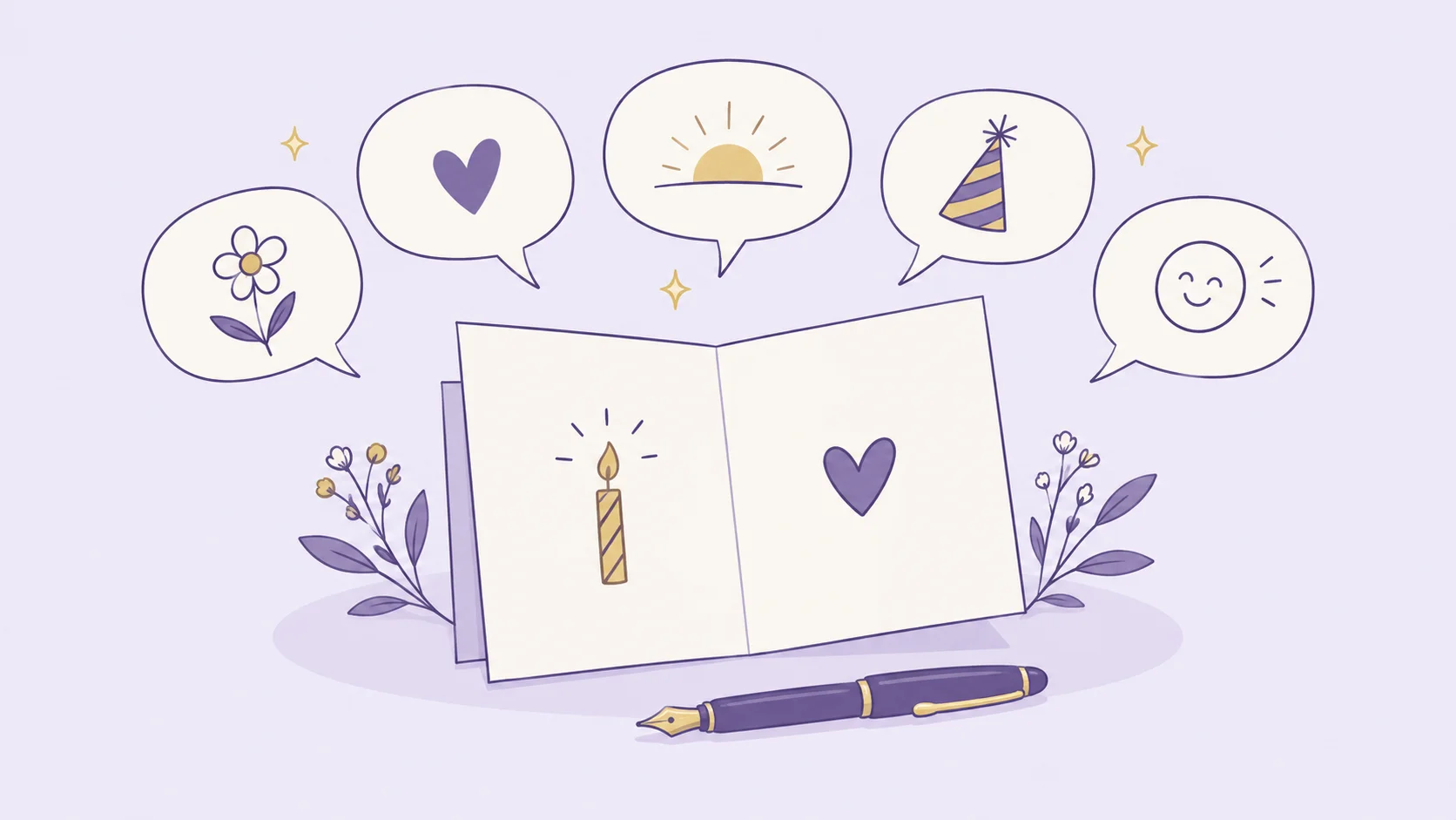 Birthday card messages in five moods, illustrated by a flower, heart, sunrise, party hat, and smile above an open card.