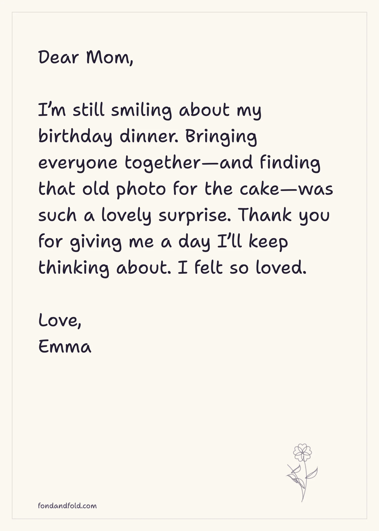 Example thank-you note addressed to Mom and signed Emma, remembering a surprise birthday dinner, bringing everyone together, and an old photo on the cake.