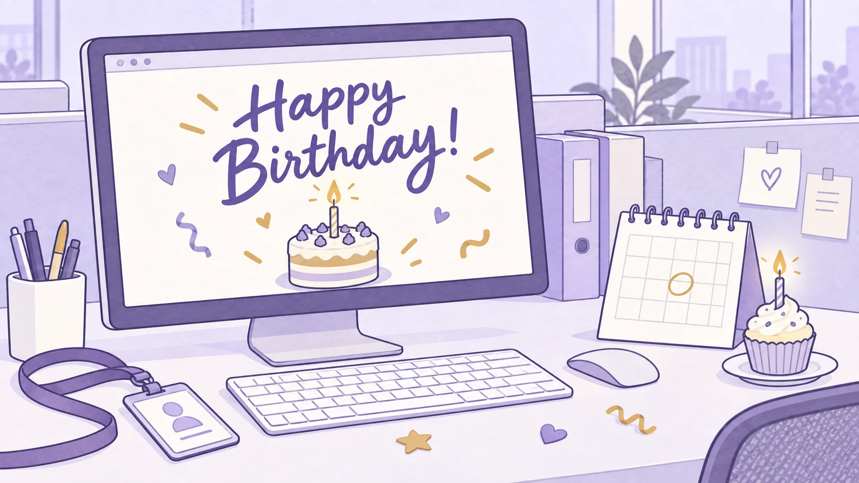 An office computer displaying “Happy Birthday!”, with a keyboard, work badge, desk calendar and birthday cupcake.