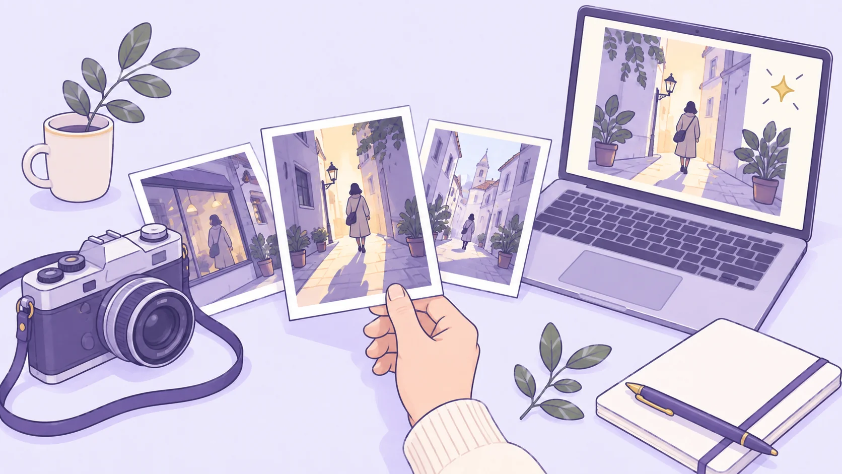 A pale lavender illustration of a hand choosing a street photograph beside a camera and a laptop showing an illustrated version of the scene.