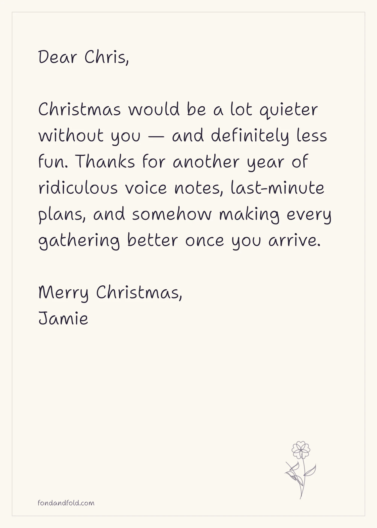 Example Christmas note to Chris about voice notes, last-minute plans and making gatherings more fun, signed Jamie.