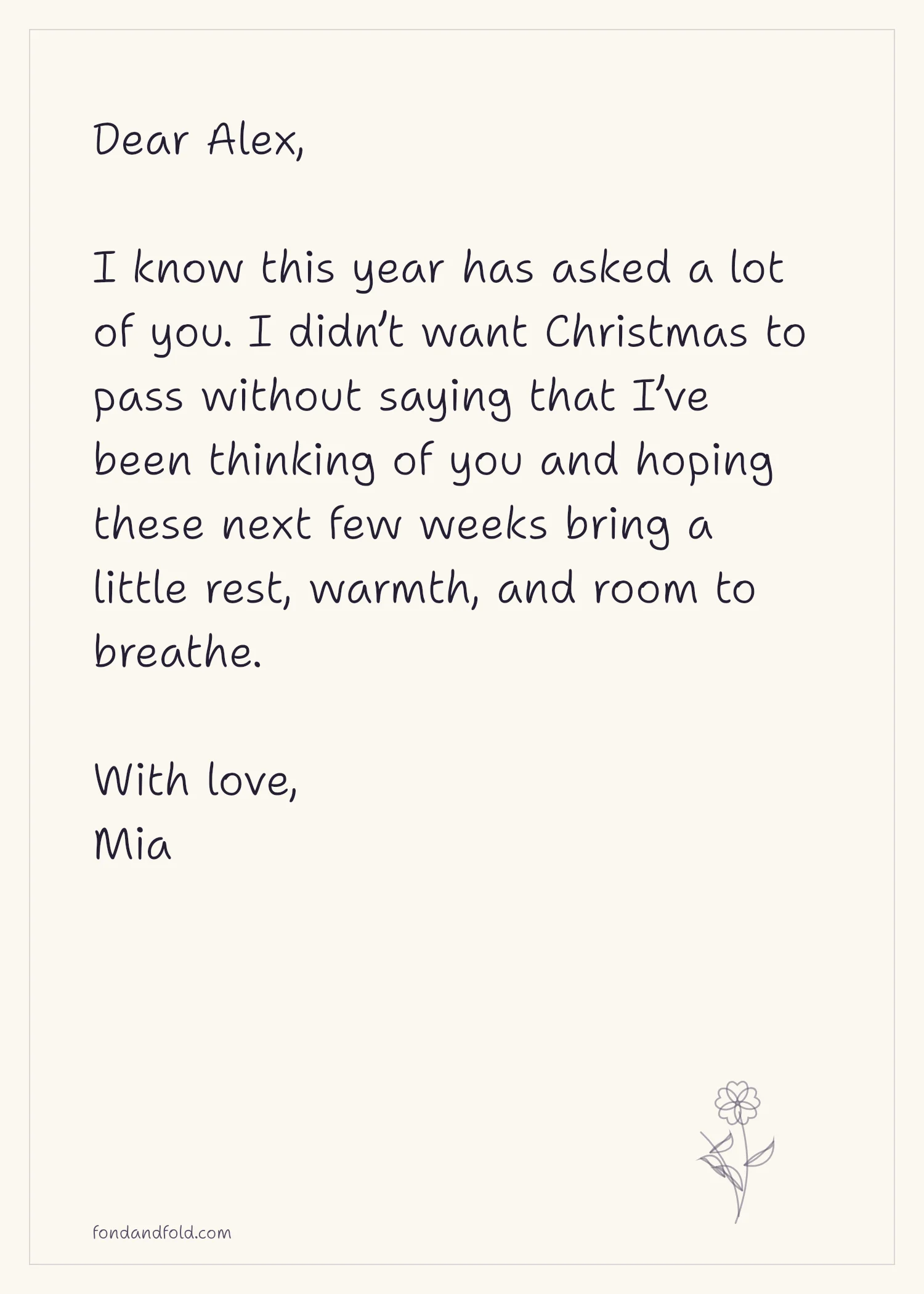 Example Christmas note to Alex, wishing them rest, warmth and room to breathe after a difficult year, signed Mia.