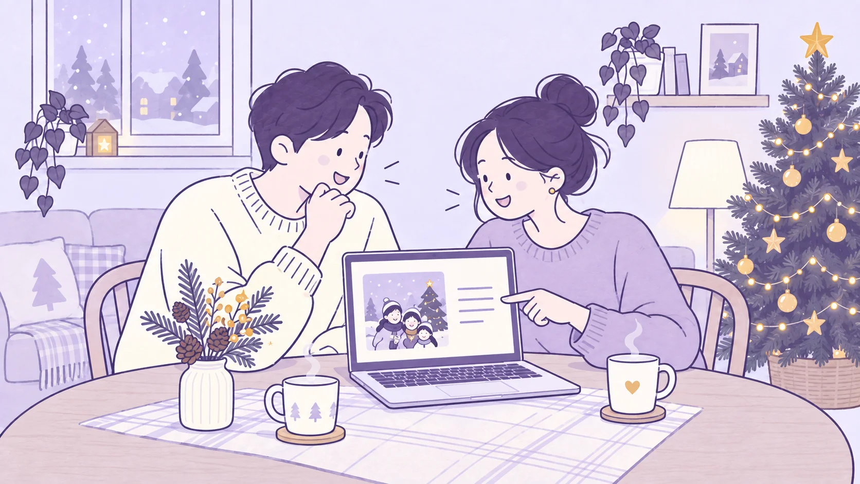 Two people composing a digital Christmas greeting on a laptop beside a decorated tree, in a lavender illustration with cream and gold details.