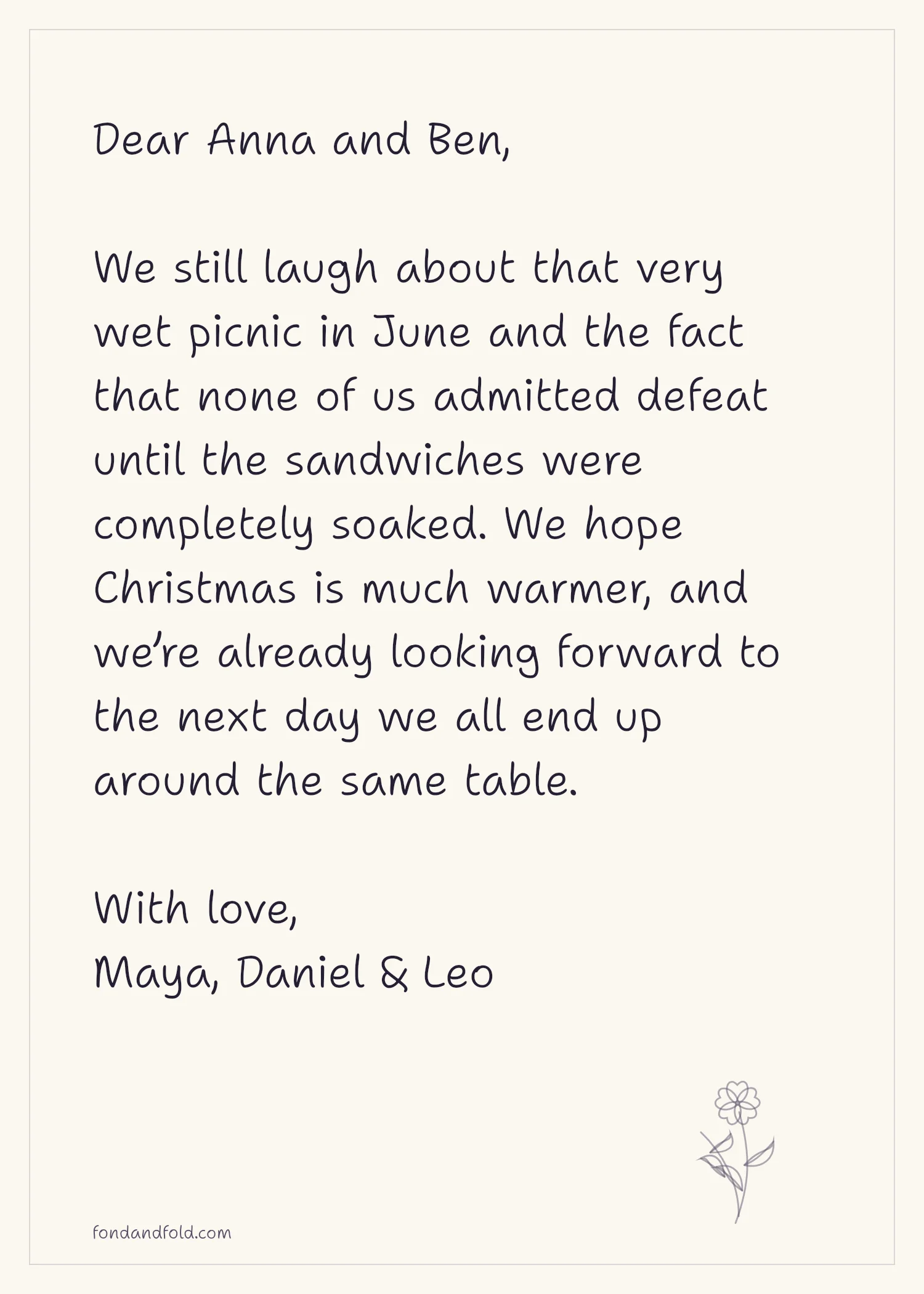 Example Christmas note to Anna and Ben, recalling a rainy summer picnic and signed Maya, Daniel and Leo.