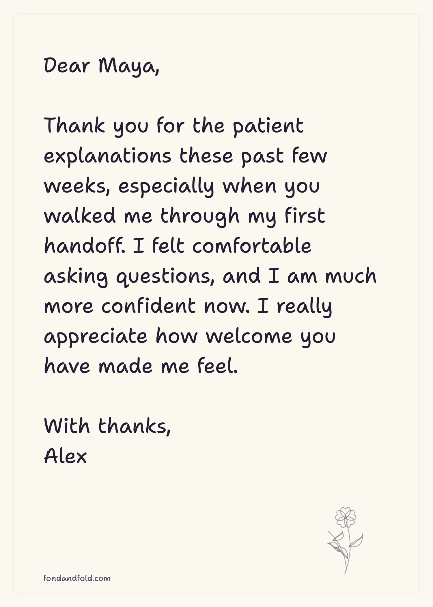 Example thank-you note addressed to Maya and signed Alex, thanking a coworker for patient explanations, help with a first handoff, and a warm welcome.