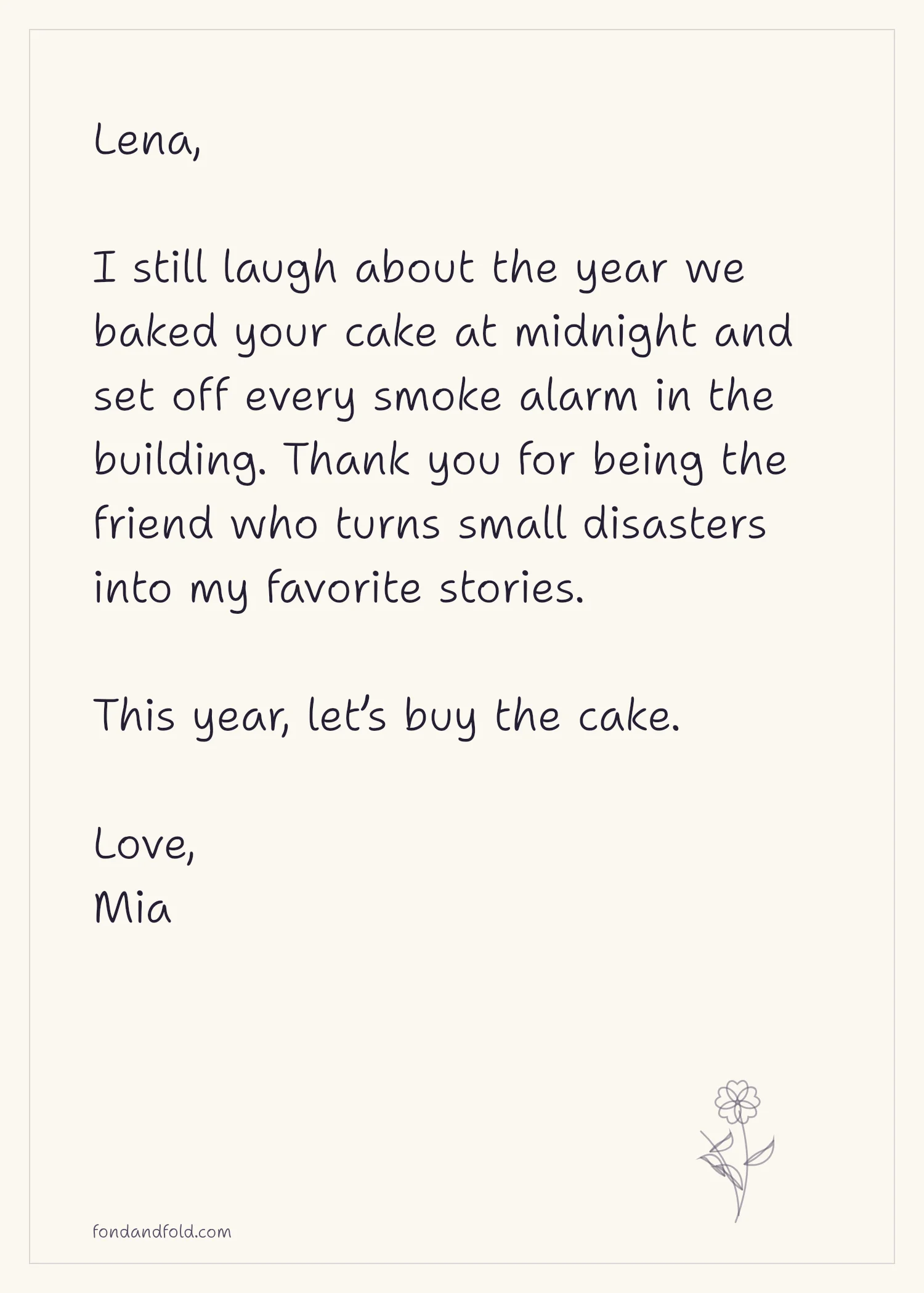 Example inside note to Lena about baking a birthday cake at midnight and setting off the smoke alarms, signed Mia.