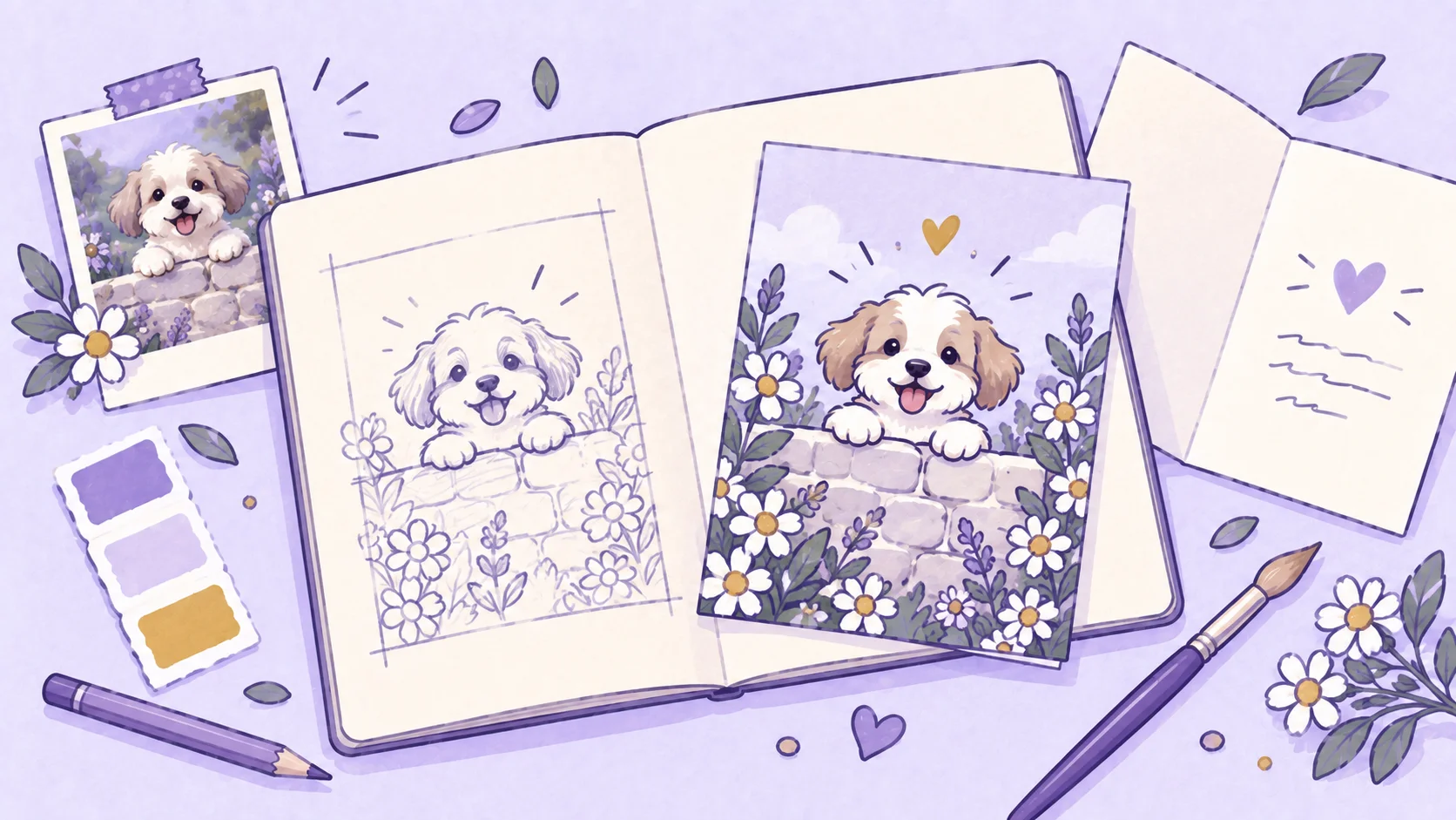 A greeting-card design workspace with a dog reference photo, a pencil sketch and finished garden illustration, color swatches, and an open card for a personal note, drawn in soft lavender.