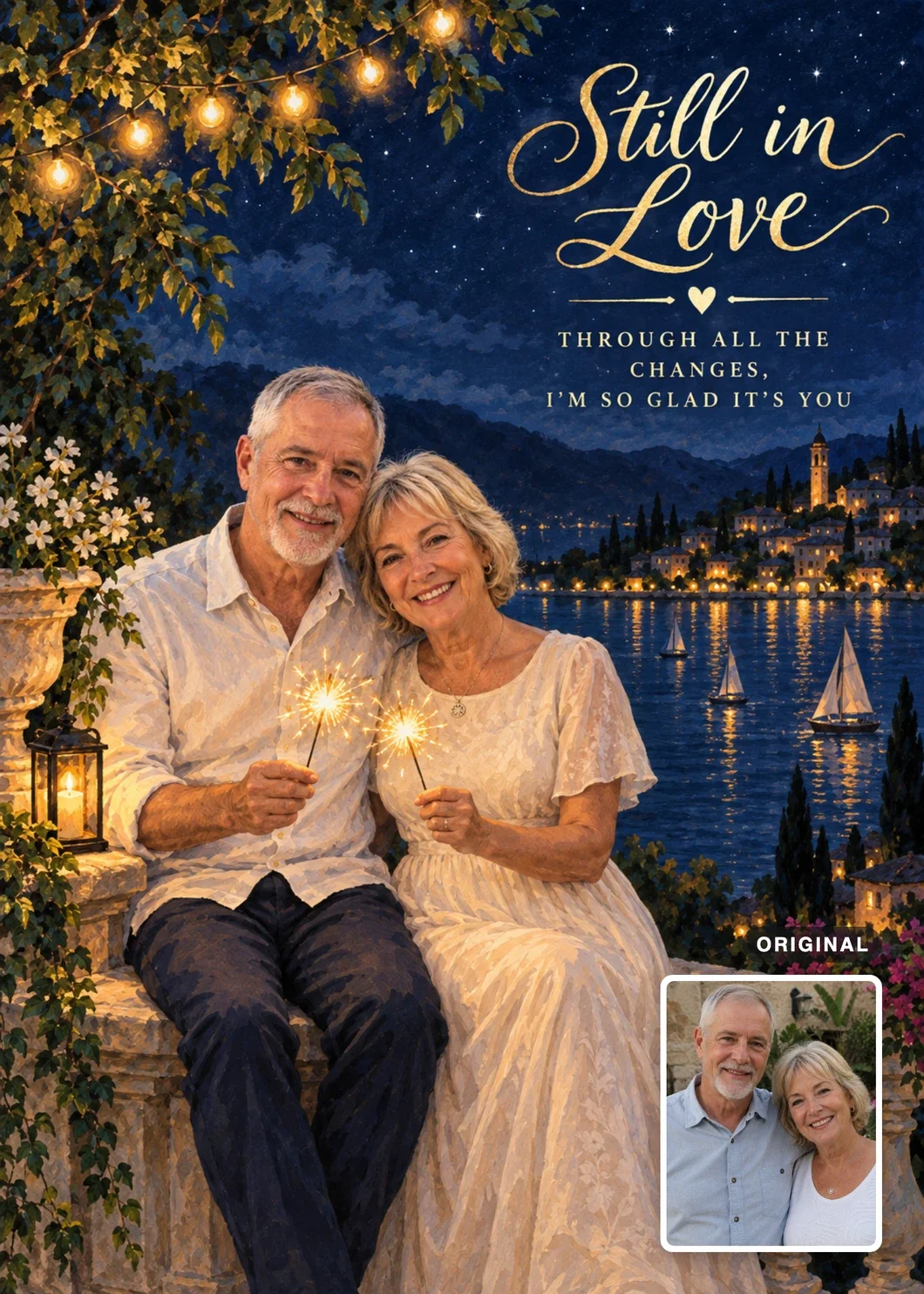Starry Night Anniversary card: an illustrated older couple, a white-haired man with a beard and a woman with short blonde hair, sit close together in cream clothes on a stone terrace above a lake at night, holding sparklers under the words “Still in Love” and “THROUGH ALL THE CHANGES, I’M SO GLAD IT’S YOU.” An inset shows their original photo, a waist-up outdoor snapshot in everyday clothes.