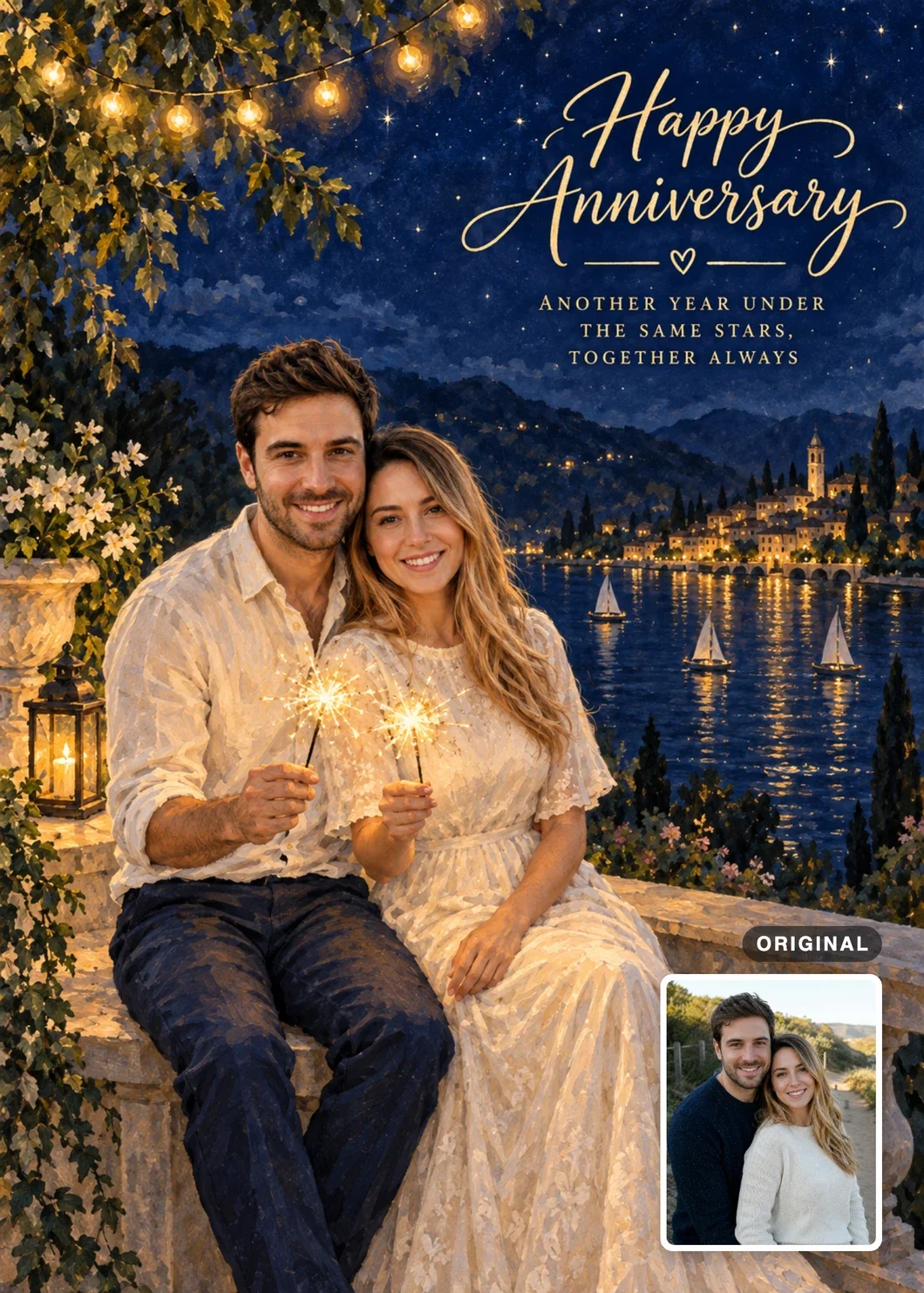 Starry Night Anniversary card: an illustrated dark-haired man and a woman with long light-brown hair sit together in cream clothes on a stone terrace above a lake at night, holding sparklers under the words “Happy Anniversary” and “ANOTHER YEAR UNDER THE SAME STARS, TOGETHER ALWAYS.” An inset shows their original photo, a close outdoor snapshot in sweaters.