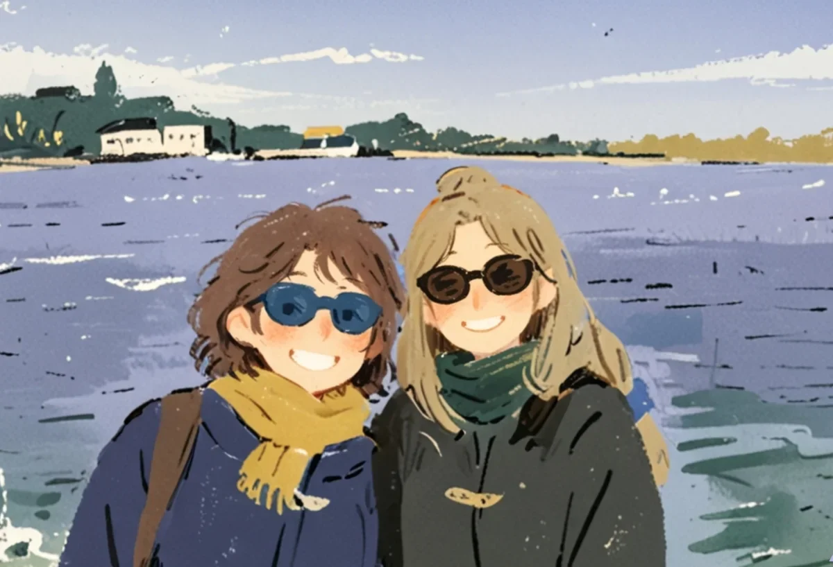The same lakeside photo redrawn as a storybook illustration, with the two women smiling more playfully in softer colors and textures.