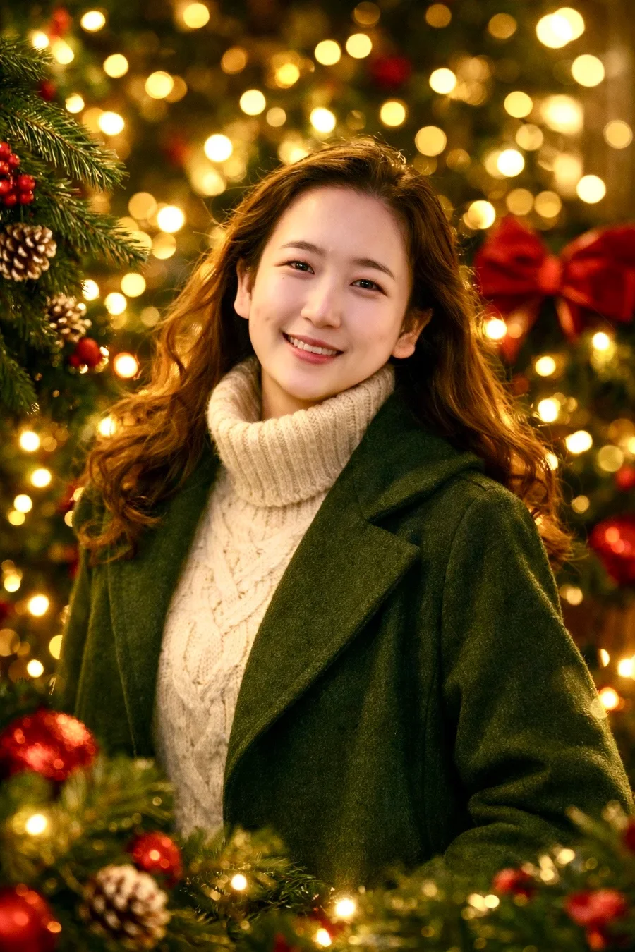 An AI-generated realistic portrait of the same woman in a cream sweater and green coat, smiling in front of a lit Christmas tree with red bows.