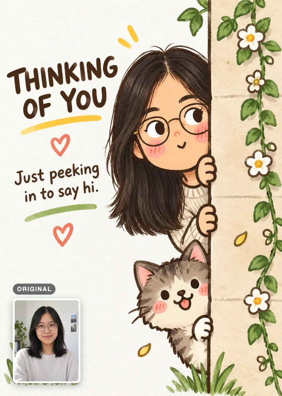 Peekaboo Thinking of You card: a cartoon woman with long dark hair and round glasses peeks around a flowered wall above a kitten, under “Thinking of You.” An inset shows her original photo.