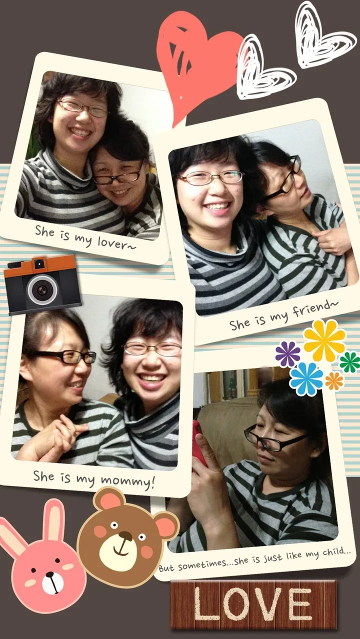 A phone-app photo collage of a mother and daughter in matching striped tops: four photos in instant-film-style frames captioned “She is my lover~,” “She is my friend~,” “She is my mommy!” and “But sometimes...she is just like my child...,” surrounded by heart, camera, flower, bunny and bear stickers and a wooden “LOVE” sign.