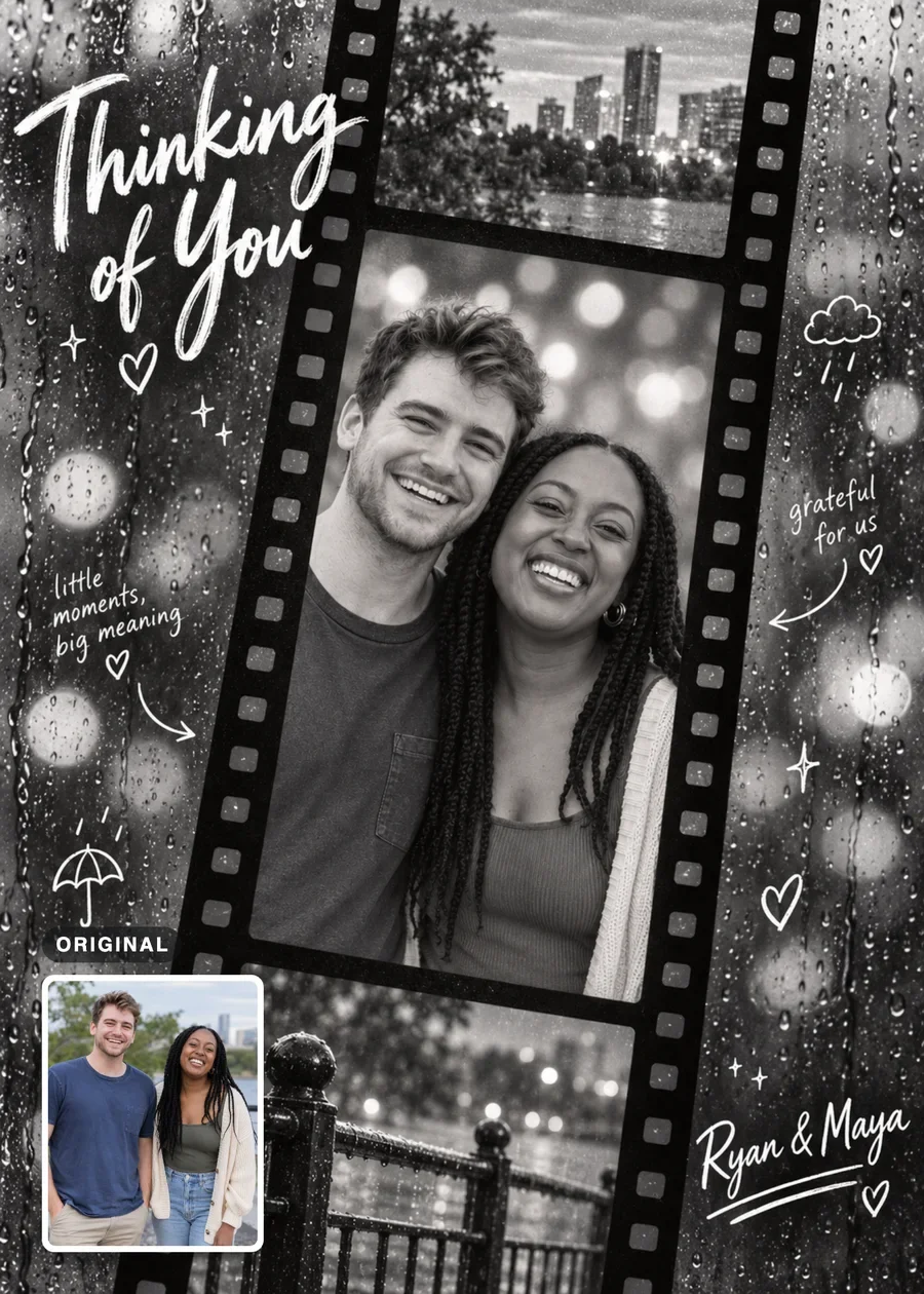Rainy Filmstrip Memories card in black and white: a man and a woman cheek to cheek in a filmstrip frame behind a rain-speckled window, with a city waterfront in the smaller frames and the names Ryan & Maya. An inset shows their original photo.