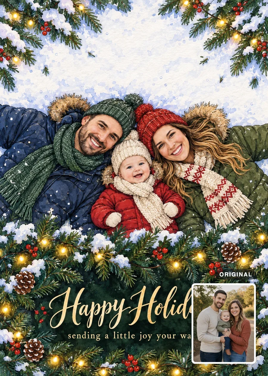 Christmas in the Snow card in ink and watercolor: a mother, father and baby in knit hats and winter coats lying together in the snow under evergreen branches, above “Happy Holidays.” An inset shows the original photo of the family on an autumn path.