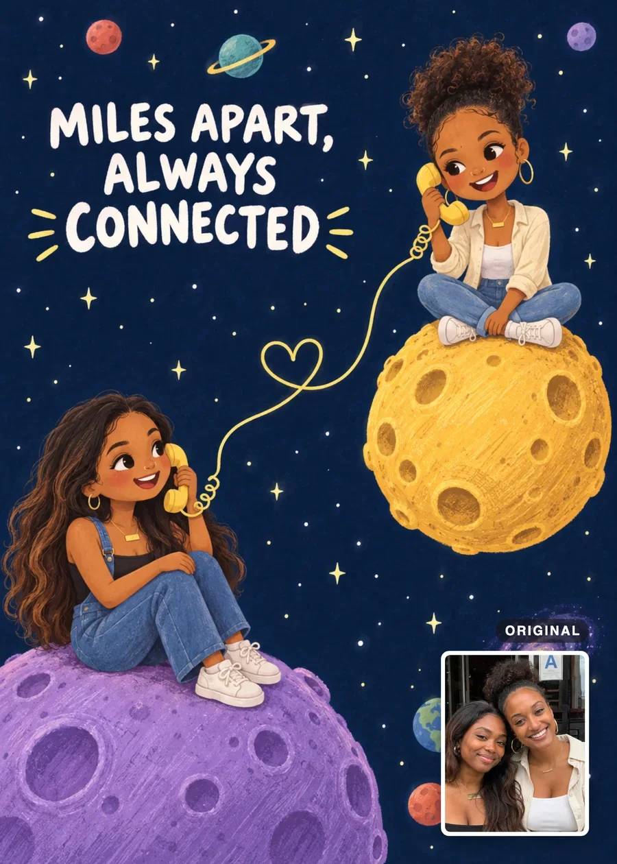 Universe Calling card: two women drawn as storybook characters sit on two planets and talk on a phone with a heart-shaped cord, under “Miles Apart, Always Connected.” An inset shows their original photo.