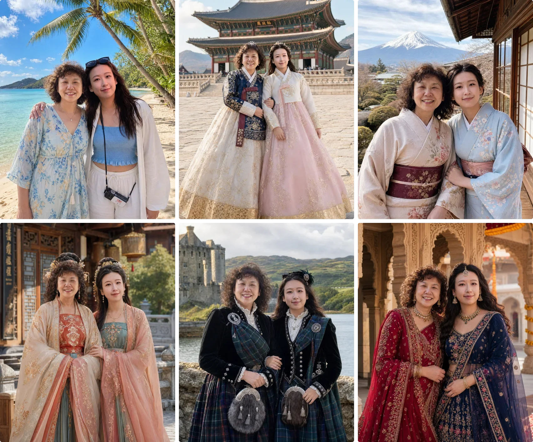 Six AI-generated photos of the same mother and daughter in a three-by-two grid: on a palm-lined beach, in hanbok before a Korean palace, in kimono with Mount Fuji behind them, in Chinese hanfu at a temple courtyard, in tartan beside a Scottish castle, and in embroidered Indian dress under carved palace arches.