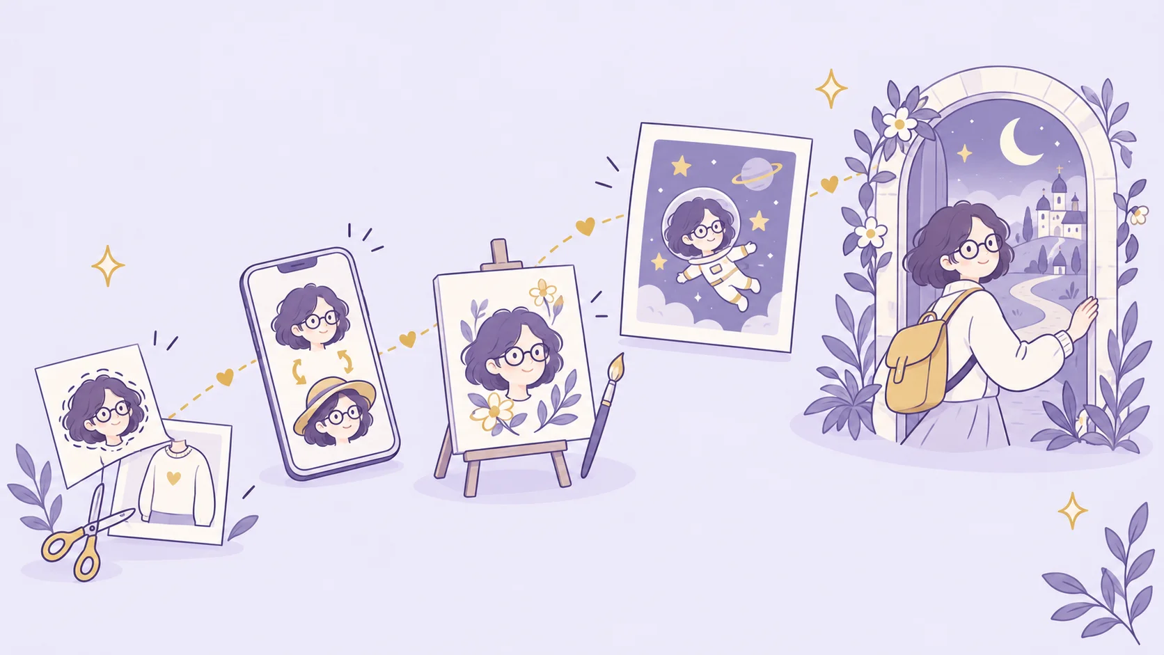 A pale lavender illustration of five stages of personalized photo art, from cut-and-paste portraits and face swaps to illustrated transformations and imagined worlds.