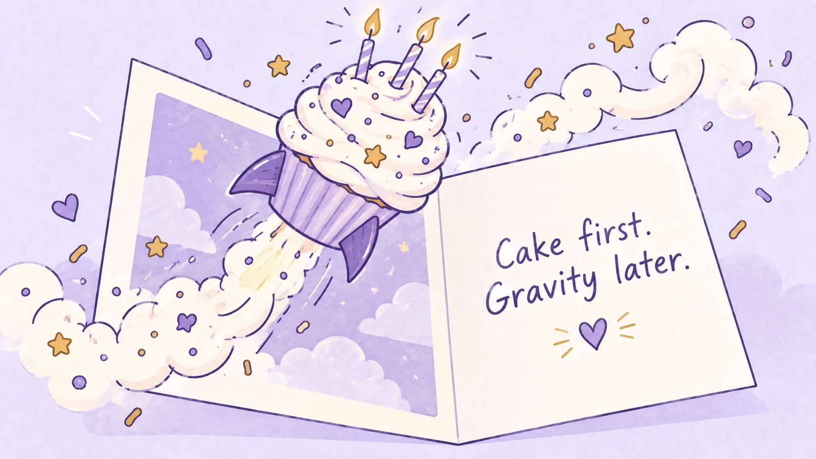 An illustrated birthday cupcake launching like a rocket from an open card, with the words “Cake first. Gravity later.”